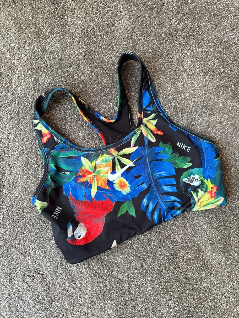 Nike Black Tropical Parrot Racerback Sports Bra with Multicolor Floral Print